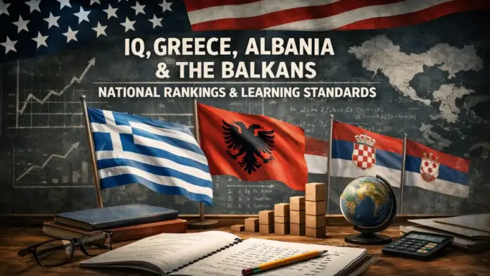 American-style iq institutional image for an article comparing Greece, Albania, and the Balkans through education data, learning standards, and national ranking claims