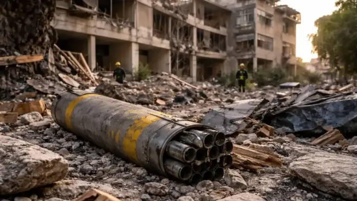 Unexploded cluster-style munition lying in rubble after a missile strike in a residential area in Israel