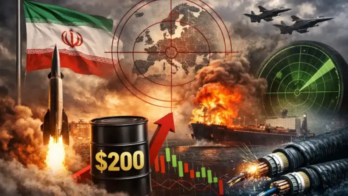 Institutional geopolitical image showing Iran’s global threat narrative through missiles, oil disruption, maritime conflict, and undersea cable risk