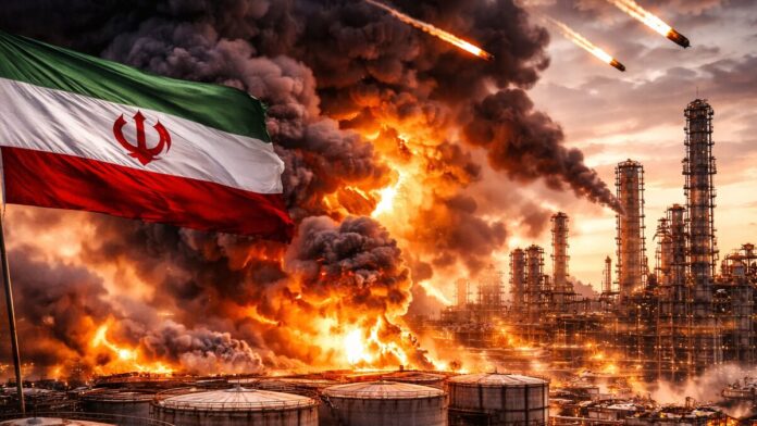 Explosion at a major oil facility with the Iranian flag in a dramatic image about energy strikes across the Gulf