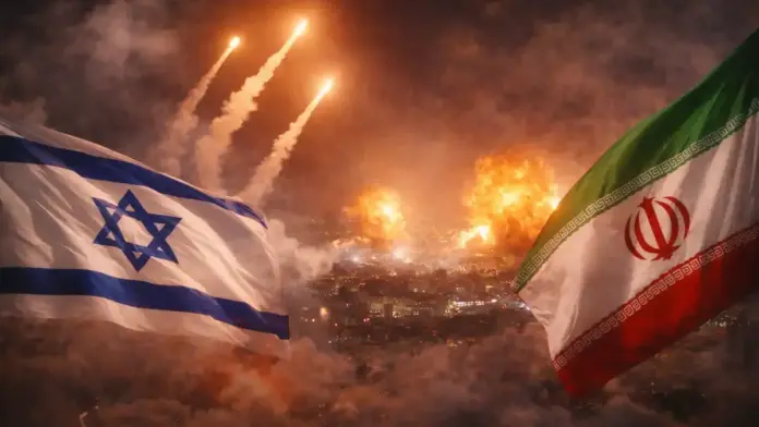 Ενδεικτική, συμβολική εικόνα νυχτερινής κλιμάκωσης: καπνός και φωτεινές τροχιές στον ουρανό πάνω από μακρινό αστικό ορίζοντα, με δύο εθνικές σημαίες στα άκρα του κάδρου. Χωρίς κείμενο, με safe περιθώρια για 16:9 cropping.