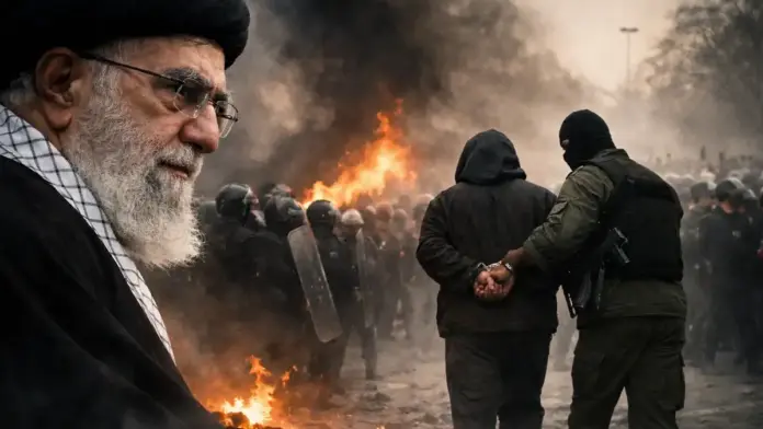 Θεσμική, μη γραφική επιλεγμένη εικόνα για άρθρο σχετικά με καταστολή και ανθρώπινα δικαιώματα στο Ιράν: σκοτεινή ατμόσφαιρα με αστυνομικές δυνάμεις σε απόσταση, καπνό και φως στο βάθος, χωρίς πρόσωπα σε κοντινό πλάνο και χωρίς κείμενο, με ασφαλή περιθώρια για περικοπή 16:9.