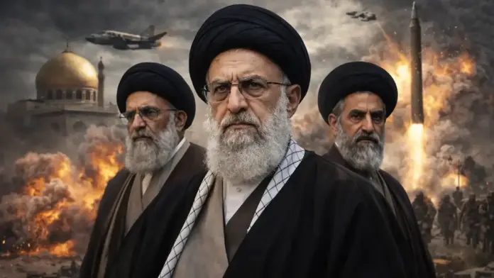 Κινηματογραφική θεσμική εικόνα με Ιρανούς κληρικούς και σκοτεινό πολεμικό φόντο για γεωπολιτική ανάλυση σχετικά με το καθεστώς της Τεχεράνης
