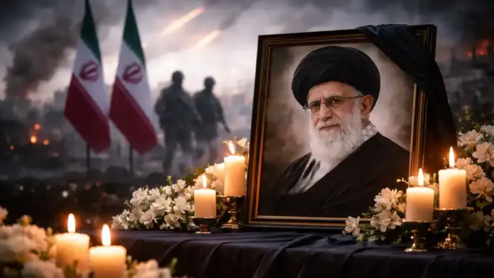 Text-free, institutional featured image for international coverage: a framed memorial portrait on a dark-draped table with lit candles and white flowers in the foreground, with softly blurred Iranian flags and distant silhouettes in the background; composed with safe margins for 16:9 cropping.