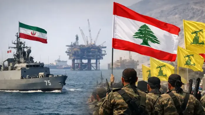 Institutional geopolitical composition showing an Iranian naval vessel in the Persian Gulf and Hezbollah-linked armed presence in Lebanon
