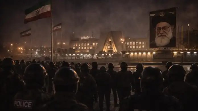 Institutional nighttime image of Tehran under heavy security presence, reflecting pressure without a confirmed new mass uprising