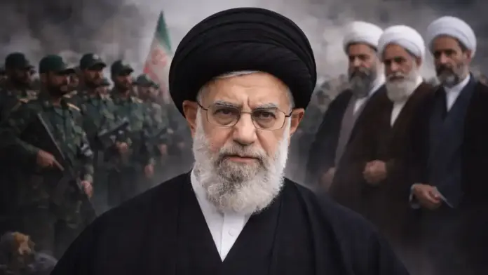 Θεσμική εικόνα του Μοτζτάμπα Χαμενεΐ με τους Φρουρούς της Επανάστασης και κληρικούς στο φόντο