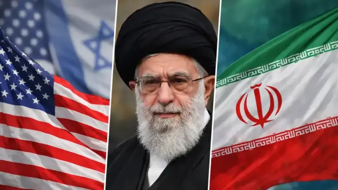 Θεσμική γεωπολιτική εικόνα με την ηγεσία του Ιράν ανάμεσα στις σημαίες των Ηνωμένων Πολιτειών και του Ιράν, με θολή ισραηλινή σημαία στο φόντο