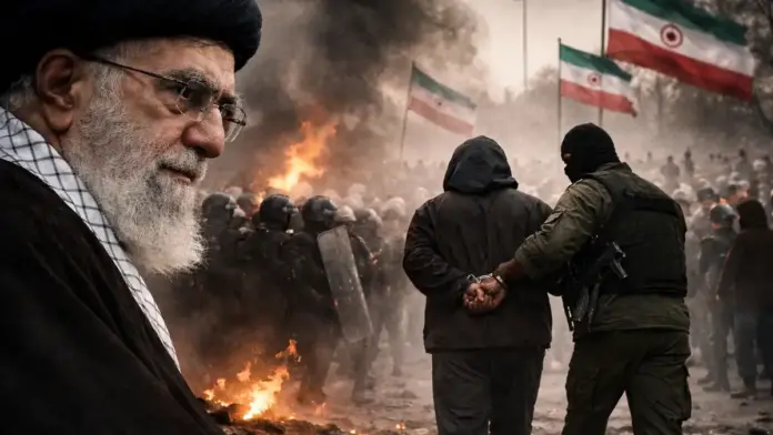 Text-free, international photojournalistic featured image illustrating Iran’s security-state mentality: a solemn portrait of Iran’s supreme leader in the foreground with an out-of-focus protest scene, riot police silhouettes, smoke, and Iranian flags in the background, composed with safe margins for 16:9 cropping.