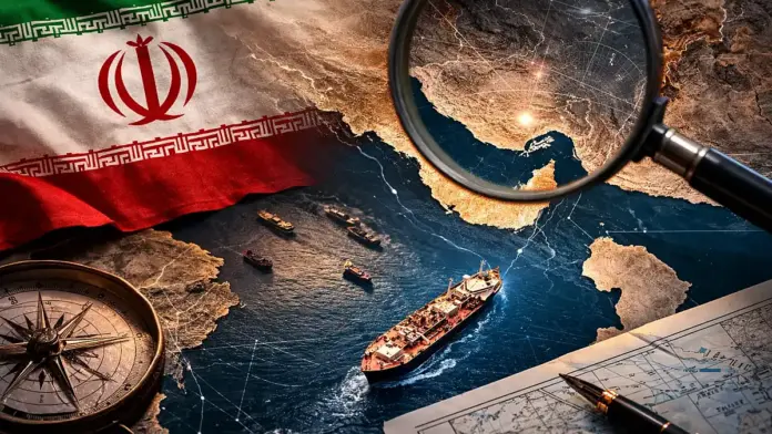 Χάρτης του Στενού του Ορμούζ με ιρανική σημαία, δεξαμενόπλοια και στρατηγική απεικόνιση της περιοχής