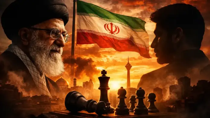 Συμβολική εικόνα διαδοχής εξουσίας στο Ιράν με ιρανική σημαία, σιλουέτες και σκάκι στο προσκήνιο