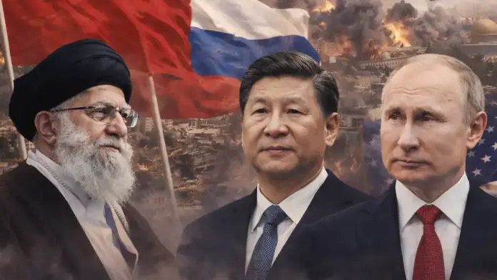 Ali Khamenei, Xi Jinping, and Vladimir Putin in a geopolitical illustration about Iran after a U.S. strike
