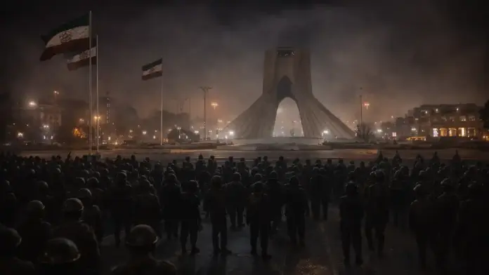 Θεσμική εικόνα της Τεχεράνης με ισχυρή παρουσία δυνάμεων ασφαλείας, σε άρθρο για την κοινωνική πίεση στο Ιράν χωρίς επιβεβαιωμένη νέα μαζική εξέγερση