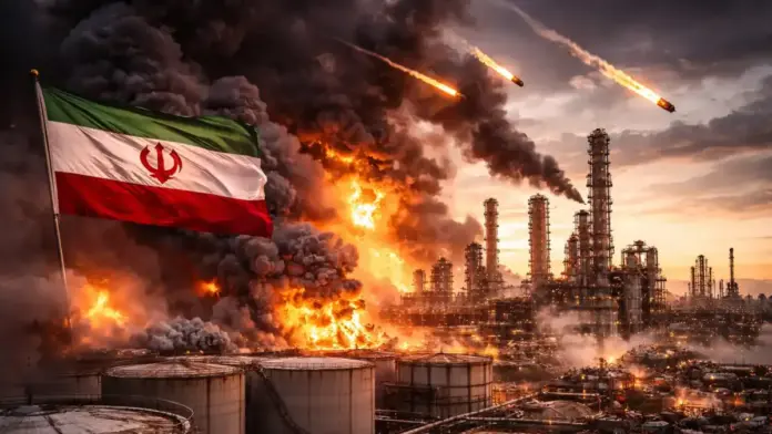 Έκρηξη σε πετρελαϊκή εγκατάσταση με ιρανική σημαία σε εικόνα για τα χτυπήματα του Ιράν στον Κόλπο