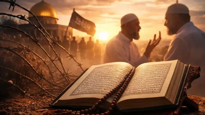 Editorial image with an open Quran, prayer beads, and symbolic Islamic setting for an article about Islam, jihad, and extremism.