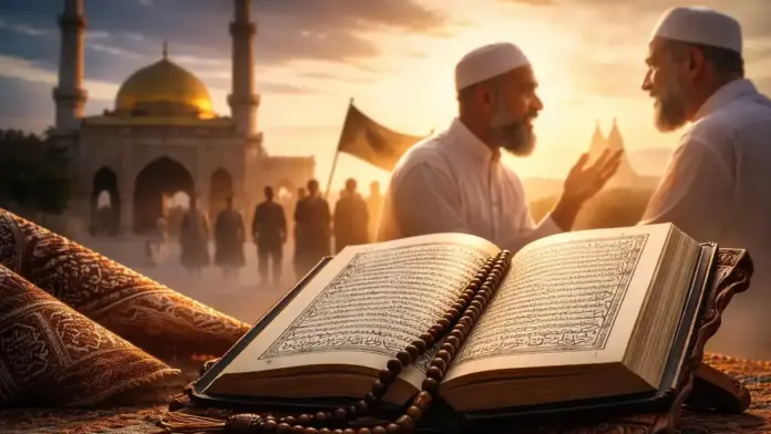 Editorial εικόνα με ανοικτό Κοράνι, χάντρες προσευχής και μουσουλμανικό περιβάλλον, για άρθρο ανάλυσης γύρω από το Ισλάμ, το Τζιχάντ και τον εξτρεμισμό.