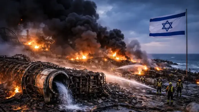 Institutional image showing the aftermath of a strike on an Israeli desalination plant and coastal critical infrastructure