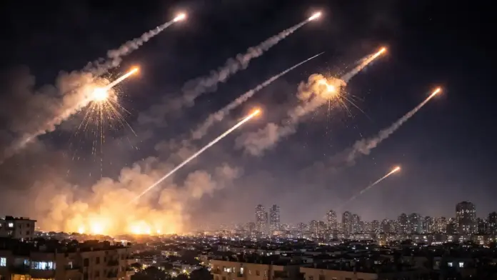 Institutional image of the sky above an Israeli city during a missile attack, with visible interceptions by air defense systems