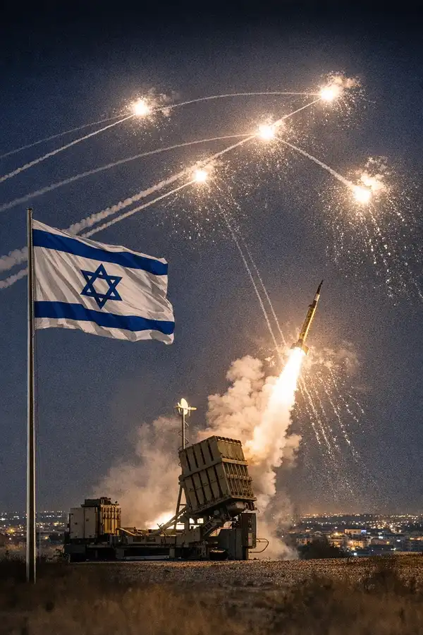Θεσμική εικόνα της ισραηλινής αντιπυραυλικής άμυνας με αναχαιτίσεις πυραύλων πάνω από νυχτερινό ουρανό