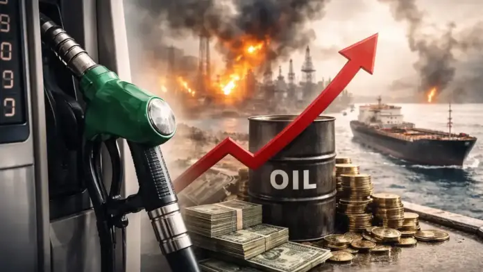 Θεσμική επιλεγμένη εικόνα χωρίς κείμενο για άνοδο τιμών καυσίμων λόγω γεωπολιτικών συγκρούσεων: αντλία καυσίμων σε πρώτο πλάνο, πετρελαϊκές εγκαταστάσεις και καπνός στο βάθος, δεξαμενόπλοιο στη θάλασσα, συμβολική άνοδος τιμών χωρίς αριθμούς ή γράμματα, με ασφαλή περιθώρια για περικοπή 16:9.