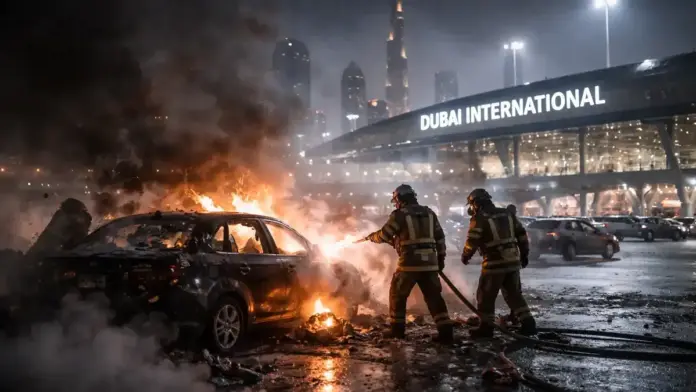 Θεσμική, text-free επιλεγμένη εικόνα για ρεπορτάζ στον Κόλπο: νυχτερινό αστικό τοπίο με μακρινή, διακριτική στήλη καπνού στον ορίζοντα και ήρεμο φωτισμό υποδομών, χωρίς πρόσωπα και χωρίς κείμενο, με ασφαλή περιθώρια για περικοπή 16:9.