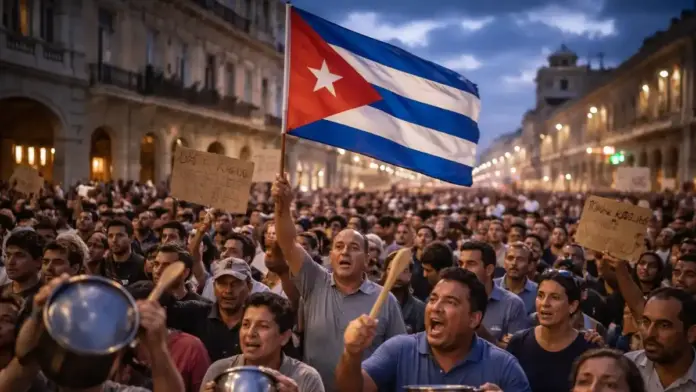 Θεσμική editorial εικόνα με πλήθος σε διαδήλωση στην Κούβα κατά τις βραδινές ώρες.