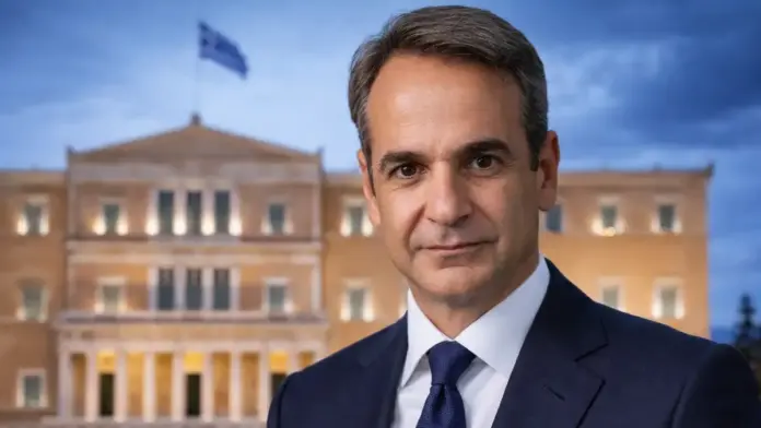 Ο Κυριάκος Μητσοτάκης μπροστά στη Βουλή σε θεσμική επιλεγμένη εικόνα για άρθρο άποψης σχετικά με τον κατώτατο μισθό και τα νέα μέτρα στήριξης