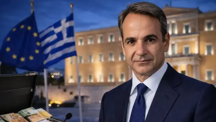 Kyriakos Mitsotakis in front of the Greek Parliament in a strong institutional featured image for an opinion article on Greece’s new wage and relief measures