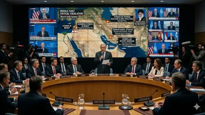 Strategic map of Middle East escalation showing confirmed strikes in Tehran and Beirut, naval tensions in the Persian Gulf, and Hezbollah rocket barrages.