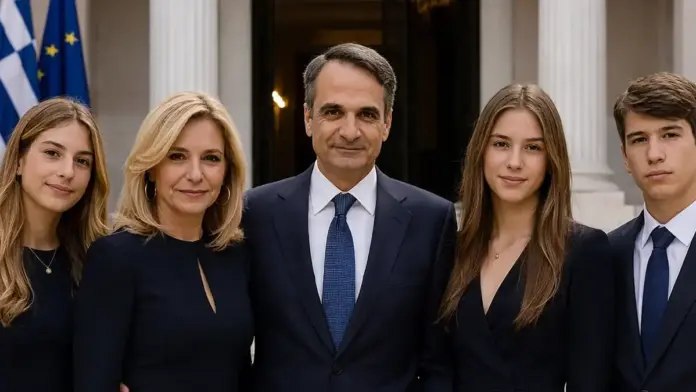 Institutional image of Kyriakos Mitsotakis and his family in a formal portrait for an article on political myth and public narrative in Greece