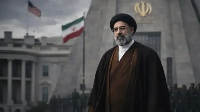 Mojtaba Khamenei in front of an Iranian government building with Iranian and U.S. symbols in the background