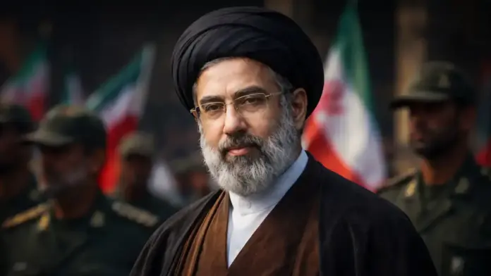 Mojtaba Khamenei in a formal portrait with Revolutionary Guards and Iranian flags in the background