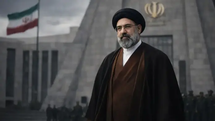 Θεσμική εικόνα του Μοτζτάμπα Χαμενεΐ μπροστά σε κρατικό κτίριο με ιρανική σημαία στο φόντο. Δημοκρατία στο ιραν.