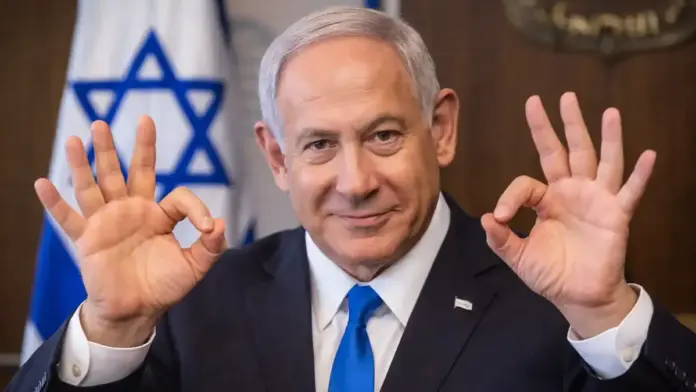 Ο Μπενιαμίν Νετανιάχου σε θεσμική αλλά χιουμοριστική editorial απεικόνιση, κάνοντας χειρονομία «OK».