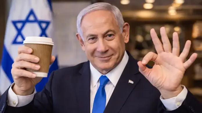 Satirical editorial image of Benjamin Netanyahu holding a coffee cup while making an exaggerated “OK” gesture with both hands.