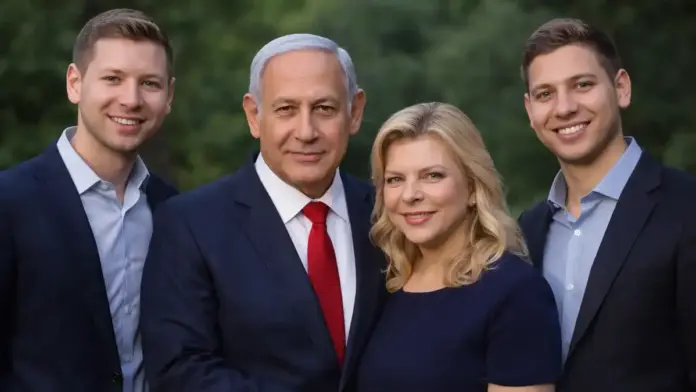 Θεσμικό πορτρέτο του Μπενιαμίν Νετανιάχου με τη σύζυγό του και τα παιδιά του σε επίσημη οικογενειακή φωτογραφία.