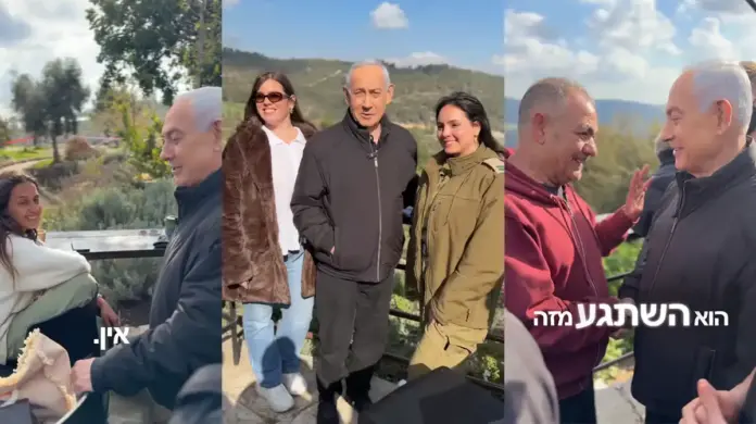 Editorial collage showing Benjamin Netanyahu outdoors in multiple public interactions with citizens.