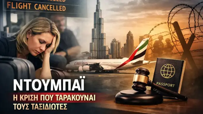 Θεσμική επιλεγμένη εικόνα για την κρίση μετακινήσεων στο Ντουμπάι με εγκλωβισμένους ταξιδιώτες, αεροδρόμιο, αεροσκάφος και skyline της πόλης σε κάδρο 16:9.