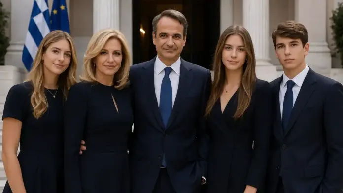 Θεσμική οικογενειακή εικόνα της οικογένειας Μητσοτάκη μπροστά σε νεοκλασικό κυβερνητικό κτίριο
