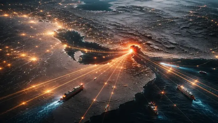 Νυχτερινή, θεσμική απεικόνιση της περιοχής γύρω από τα Στενά του Ορμούζ από ψηλά, με φωτεινές “γραμμές” θαλάσσιων διαδρομών και πλοία που κινούνται σε κρίσιμο στενό πέρασμα, σαν να δείχνει πώς ένα σημείο μπορεί να επηρεάσει τις παγκόσμιες ροές ενέργειας.