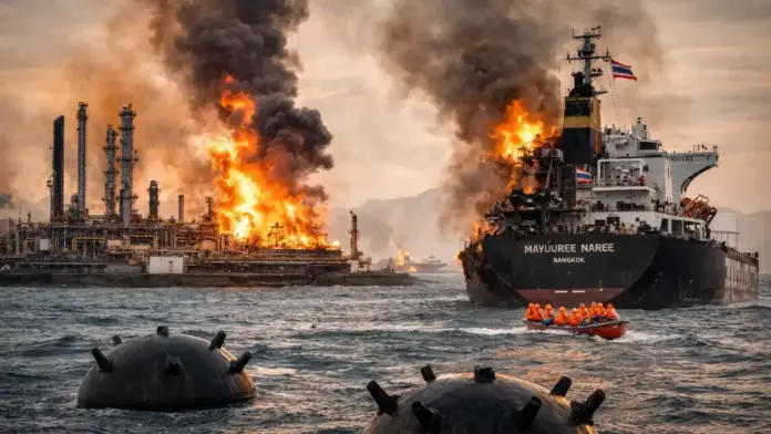 Θεσμική απεικόνιση πλήγματα σε ενεργειακές υποδομές και εμπορικό πλοίο στο στενό του Ορμούζ