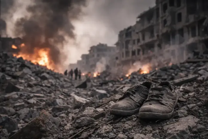 Εγκαταλελειμμένα παπούτσια πάνω σε ερείπια σε κατεστραμμένη πόλη, συμβολική εικόνα για τον πόλεμο και τους αμάχους