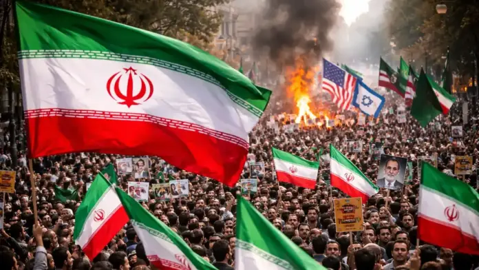 ισλαμιστικές διαδηλώσεις -Πλήθος διαδηλωτών σε δρόμο πόλης με σημαίες του Ιράν, σε έντονο πολιτικό και γεωπολιτικό πλαίσιο.
