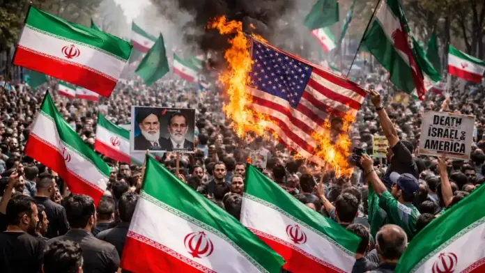 Islamist protests with Iranian flags and anti-Western imagery in a tense political setting.