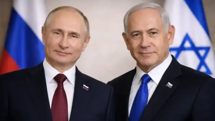 Editorial image of President of Russia ,Vladimir Putin and Benjamin Netanyahu in a formal diplomatic setting.
