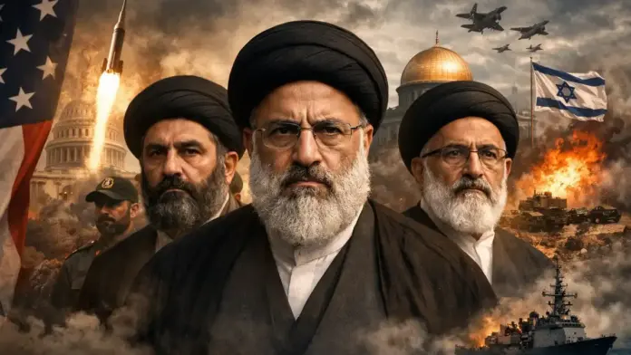 Cinematic institutional image of Iranian clerics against a war-tension backdrop for an EN-US geopolitical analysis on Tehran’s regime and regional threat