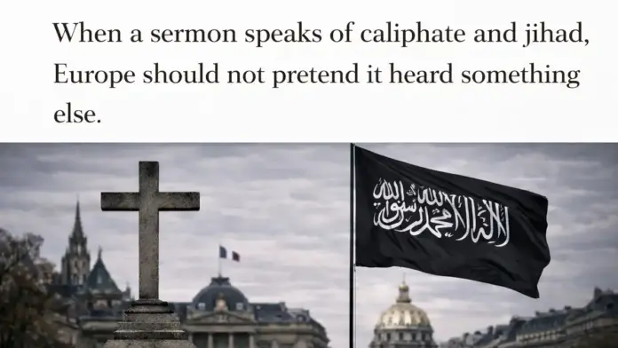 Islamist expansionism - Stone cross and black Islamic flag in front of European buildings, in an institutional image for an article about jihad, caliphate, and Europe.