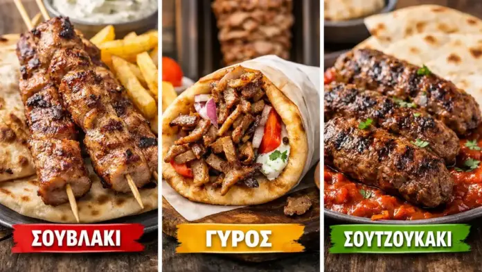 Σύνθεση τριών ελληνικών φαγητών με σύγκριση ανάμεσα σε σουβλάκι, γύρο και σουτζουκάκι, σε καθαρό 16:9 κάδρο.