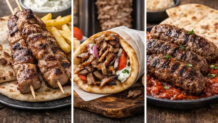 A side-by-side visual comparison of souvlaki, gyros, and soutzoukaki on a rustic table, created for an EN-US guide to Greek food terminology and ordering in Greece.