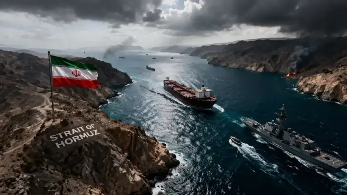 Θεσμική εικόνα για τα Στενά του Ορμούζ με δεξαμενόπλοιο, πολεμικά πλοία και έντονη γεωπολιτική πίεση στην παγκόσμια ενεργειακή αρτηρία